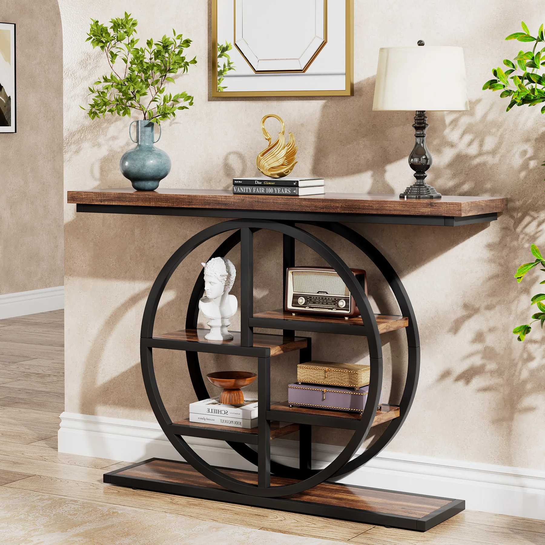 Tribesigns Konsolentisch, 105 cm industrieller 6-stöckiger Sofatisch, Eingangstisch mit kreisförmigem Sockel, schmale Akzenttische aus Holz