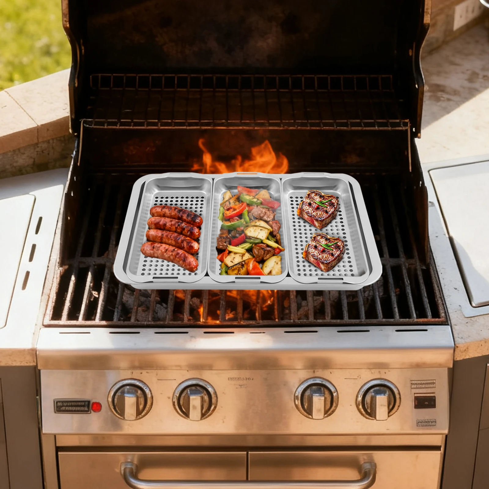 Edelstahl-Grillplatte Edelstahl-BBQ-Set Edelstahl-Grillpfanne mit Grillkorb 5-teilig