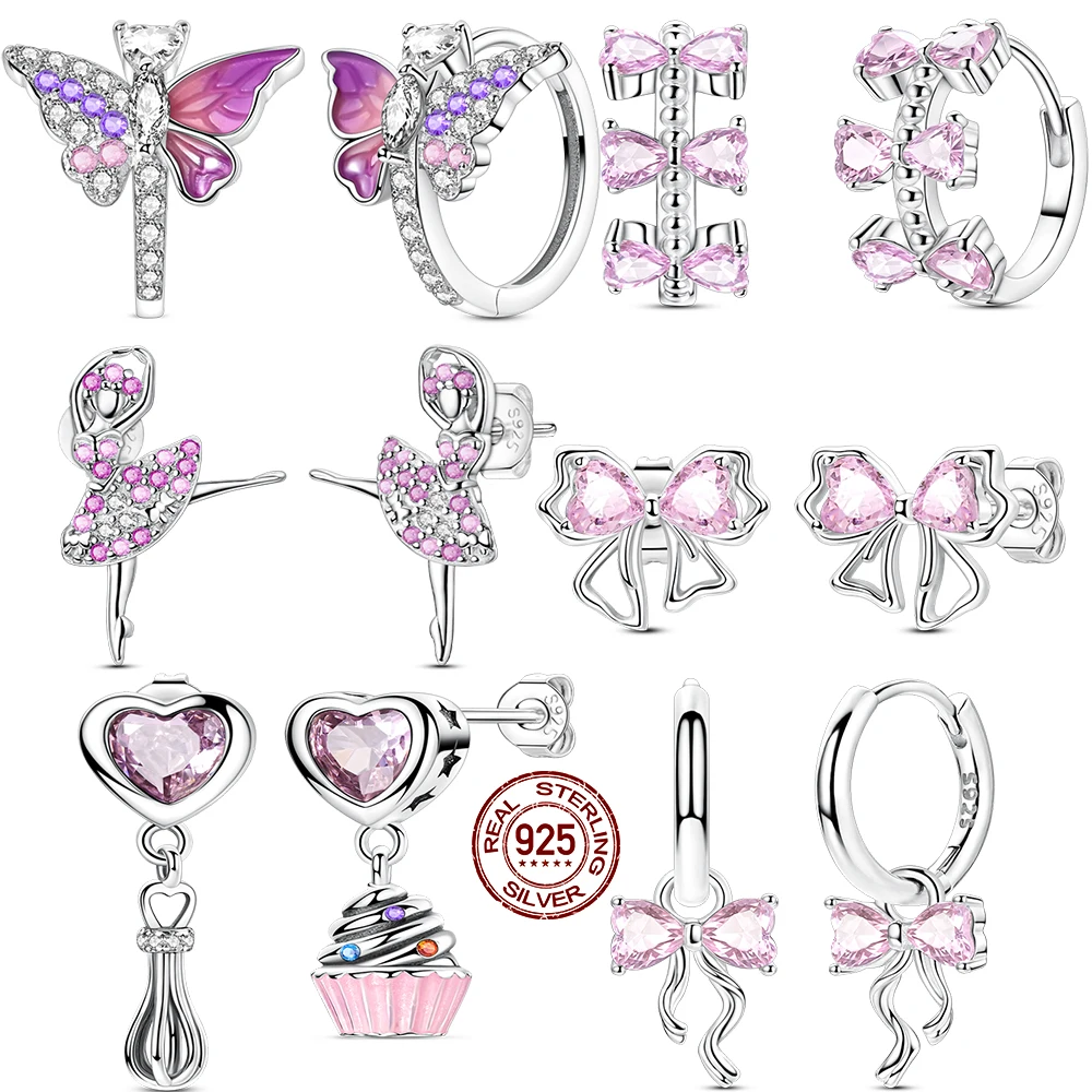 2026 Bestseller 925 Sterling Silber Rosa Schleife Schmetterling Zirkon Exquisite Ohrringe Geeignet für Mädchen Bezaubernde Schmuckgeschenke Image