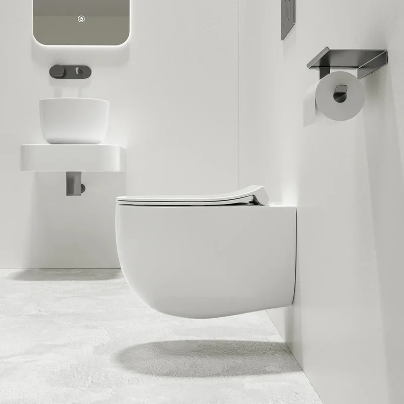 Nullrand Tornado Spülung Ei-Form Weißes Keramik Wandhängendes WC Hygienisch Glasierte Oberfläche Soft-Close Sitz Anti-Moskito WC Image