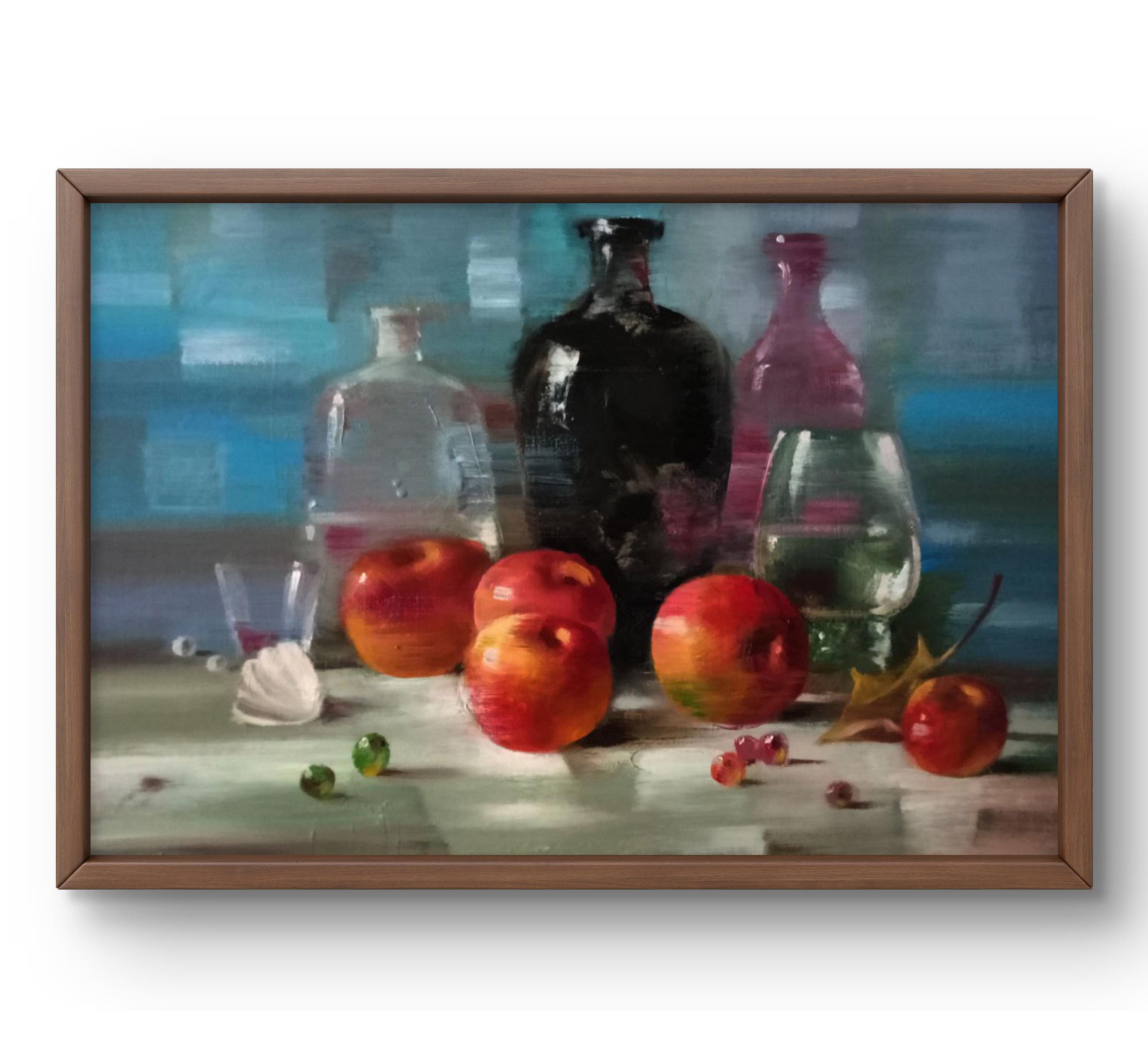 Dipinto a olio natura morta originale, dipinto a olio, composizione luminosa di natura morta con mele e bottiglie, arte fatta a mano, senza cornice, a