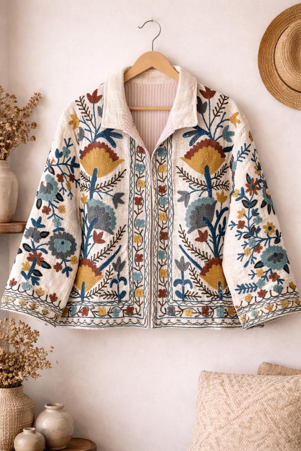 Giacca Suzani in cotone floreale color avorio, giacca boho ricamata a mano per donna, giacca artigianale etnica fatta a mano, cappotto boho in stile v
