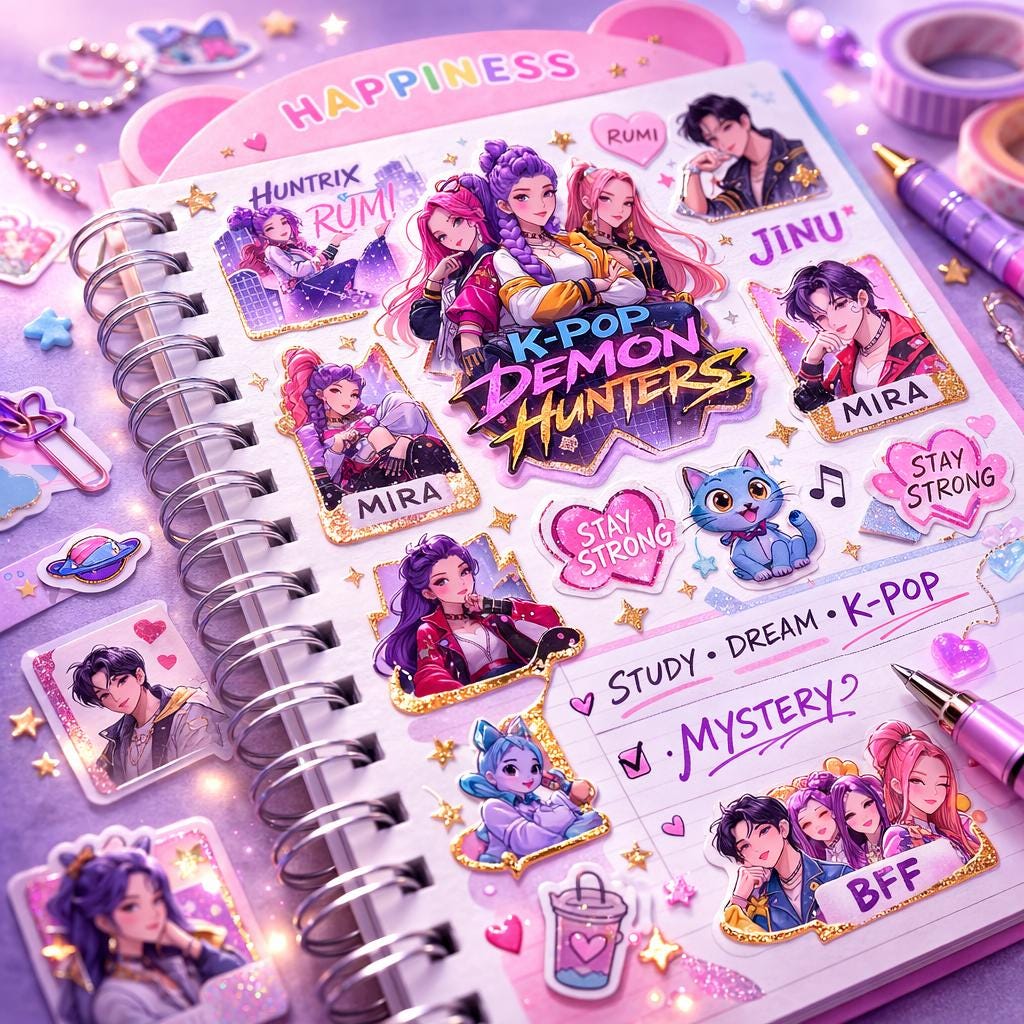 Quaderno K-Pop A5 3 in 1 con collezione di adesivi, planner a spirale Huntrix, pagine a righe, design Demon Hunters, idea regalo per i fan del K-Pop