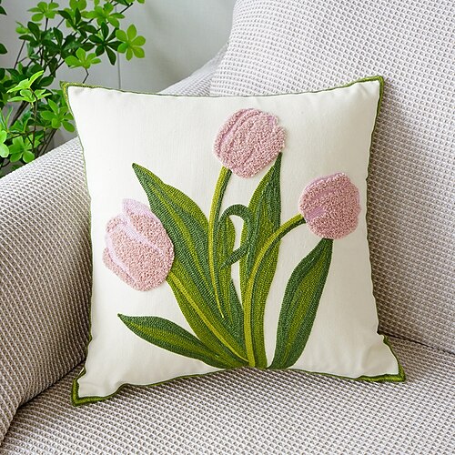 Kissenbezüge mit frischem, grünem Tulpenmuster, schlicht bestickt mit Blumenmuster, für Sofa, Bett, Kopfstütze, Büro oder Lendenwirbelstütze