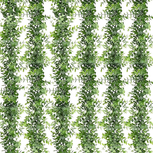 6 künstliche Eukalyptusgirlanden, 1,8 m lange Eukalyptusblätter, grüne Girlande für Hochzeiten, Partys, Abendessen und Zuhause. Image