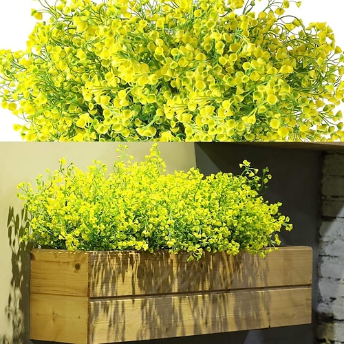 24 Bündel künstliche Frühlingsblumen für den Außenbereich, UV-beständige Kunstpflanzen aus Kunststoff, künstliche Sträucher mit Maiglöckchen Schleierkraut-Stil, Forsythienblätter, zum Aufhängen im Image