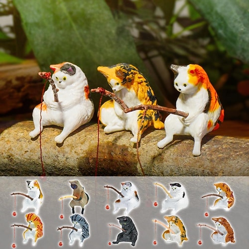10 Mini-Angelkatzenfiguren, niedliche Cartoon-Kätzchen als Anglerbegleiter, Mini-Katzen-Schreibtischdeko, Auto-Innenausstattung, Armaturenbrettdekoration, lustige Katzen-Rückspiegel-Hängefigur, Image