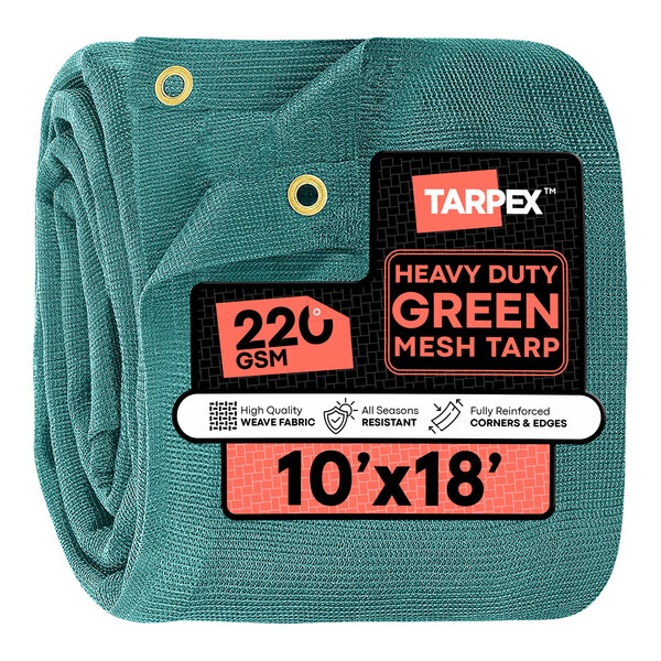 Tarpex 10' x 18' Green Heavy-Duty Weather-Resistant 6.5 oz. Multipurpose Mesh Tarp GMT-TA-1018