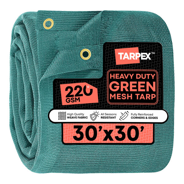 Tarpex 30' x 30' Green Heavy-Duty Weather-Resistant 6.5 oz. Multipurpose Mesh Tarp GMT-TA-3030