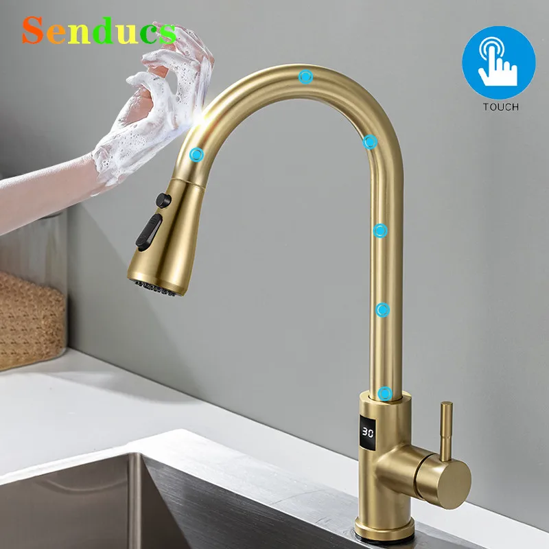 Robinet d'évier de cuisine numérique tactile avec pulvérisateur extractible, mitigeur de cuisine chaud et froid, robinets de cuisine extractibles en or brossé