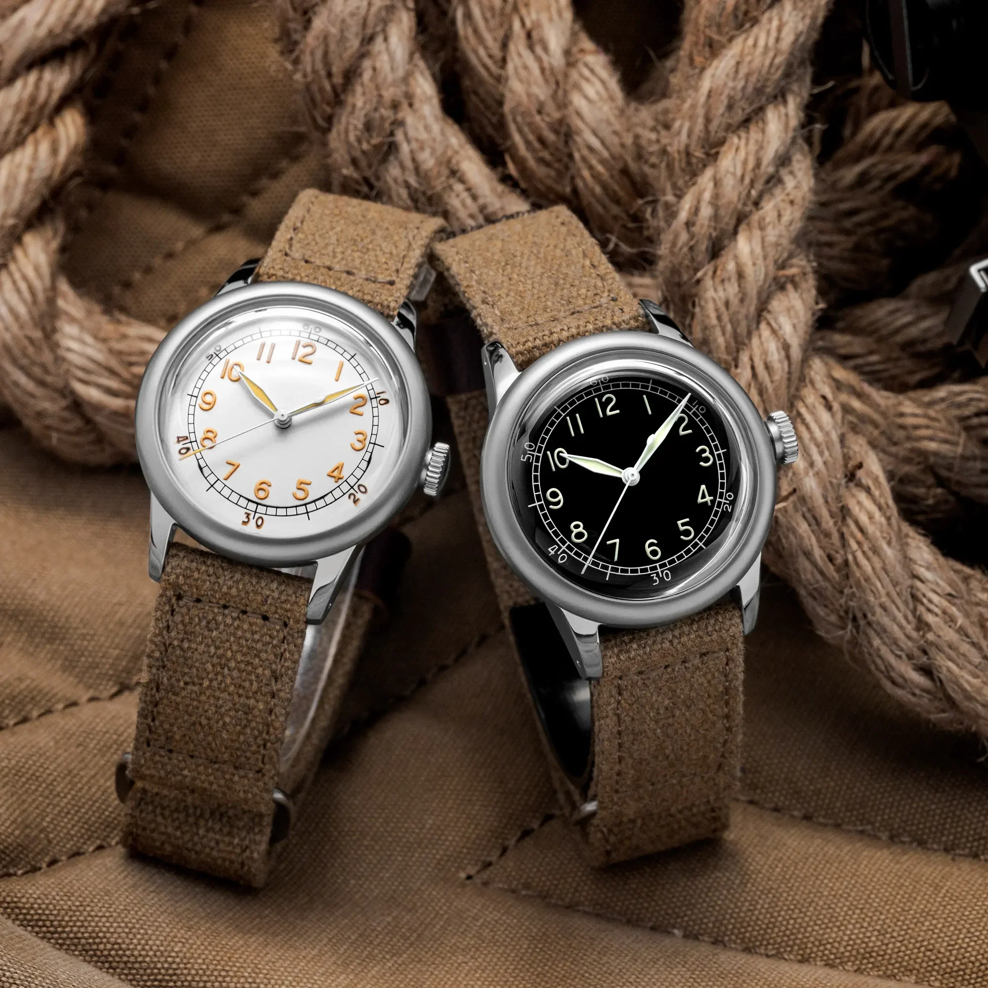 THORN Herren-Vintage-Armbanduhr, 36 mm, schwarz/beige, weißes Zifferblatt, leuchtendes Saphirglas, NH35-Automatikwerk, A11-Uhren