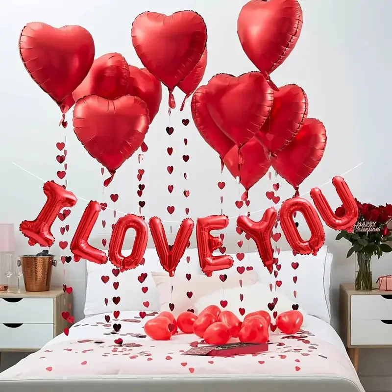 „I Love You“-Ballon-Set mit roten Herzen und künstlichen Rosenblättern für Valentinstag, Hochzeit, Jahrestag, Party-Dekoration Image