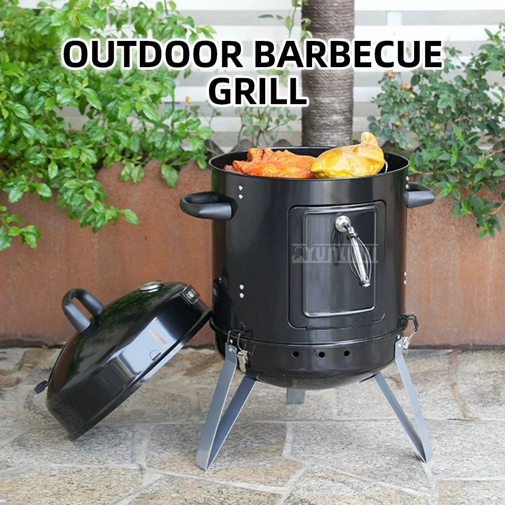 Tragbarer Multifunktions-Räuchergrill | Runder Räucherofen für den Außenbereich für Fisch, Speck, Fleisch mit Räucherbox Image