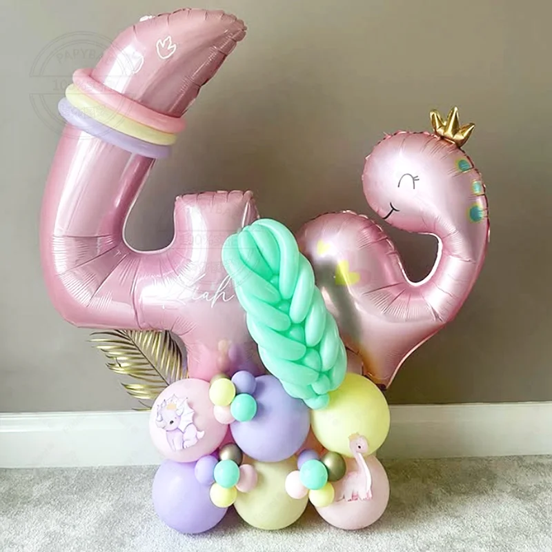 46 Stück Krone Dinosaurier Ballon Rosa Zahl Geburtstag Ballon Set Macaron Ballon Festliche Party Dekoration Kinder Überraschungsgeschenk Image