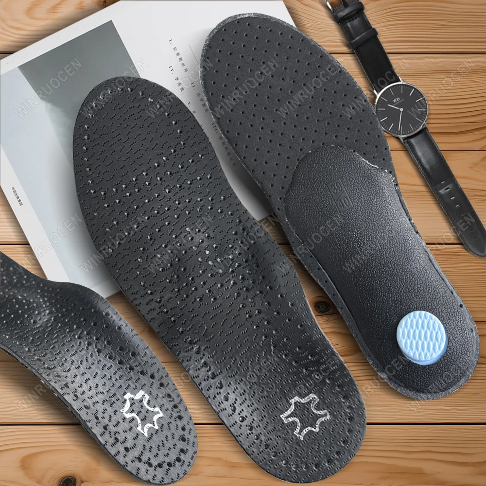Orthopädische Einlegesohle aus schwarzem Leder für Plattfüße, Fußgewölbeunterstützung, orthopädische Einlegesohle für Schuhsohle, Einlegesohle für Füße, O/X-Beinkorrigiert, für Männer und Frauen, Image