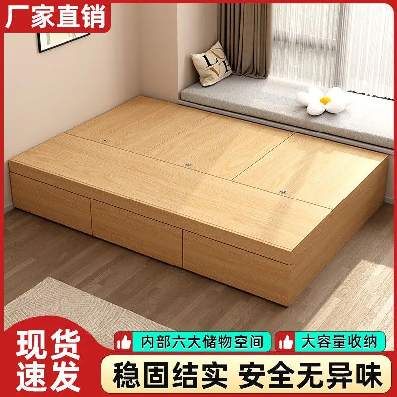 Tatami-Bett mit Stauraum, Paneeltyp, Stauraum für kleine Wohnungen, hoher Kastenbettrahmen ohne Bettkopf, Doppelbett, Einzelbett ohne Rückenlehne Image