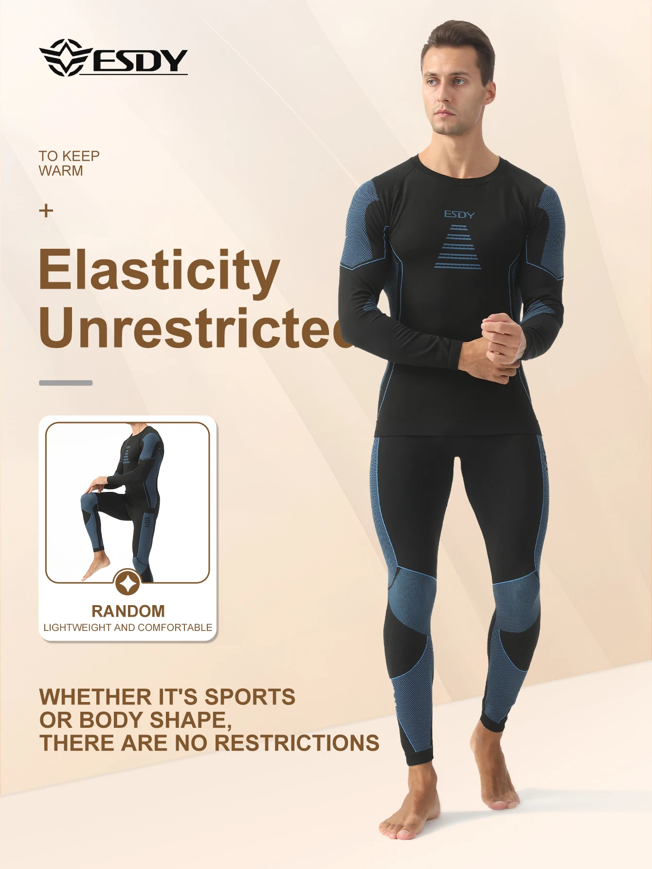 Esdy 1 Set Herren-Thermo-Unterwäsche für Herbst und Winter, nahtlose, eng anliegende, elastische Thermo-Unterwäschehose, für Herbst und Winter, Outdoor-Wandern, Reisen, Skifahren Image