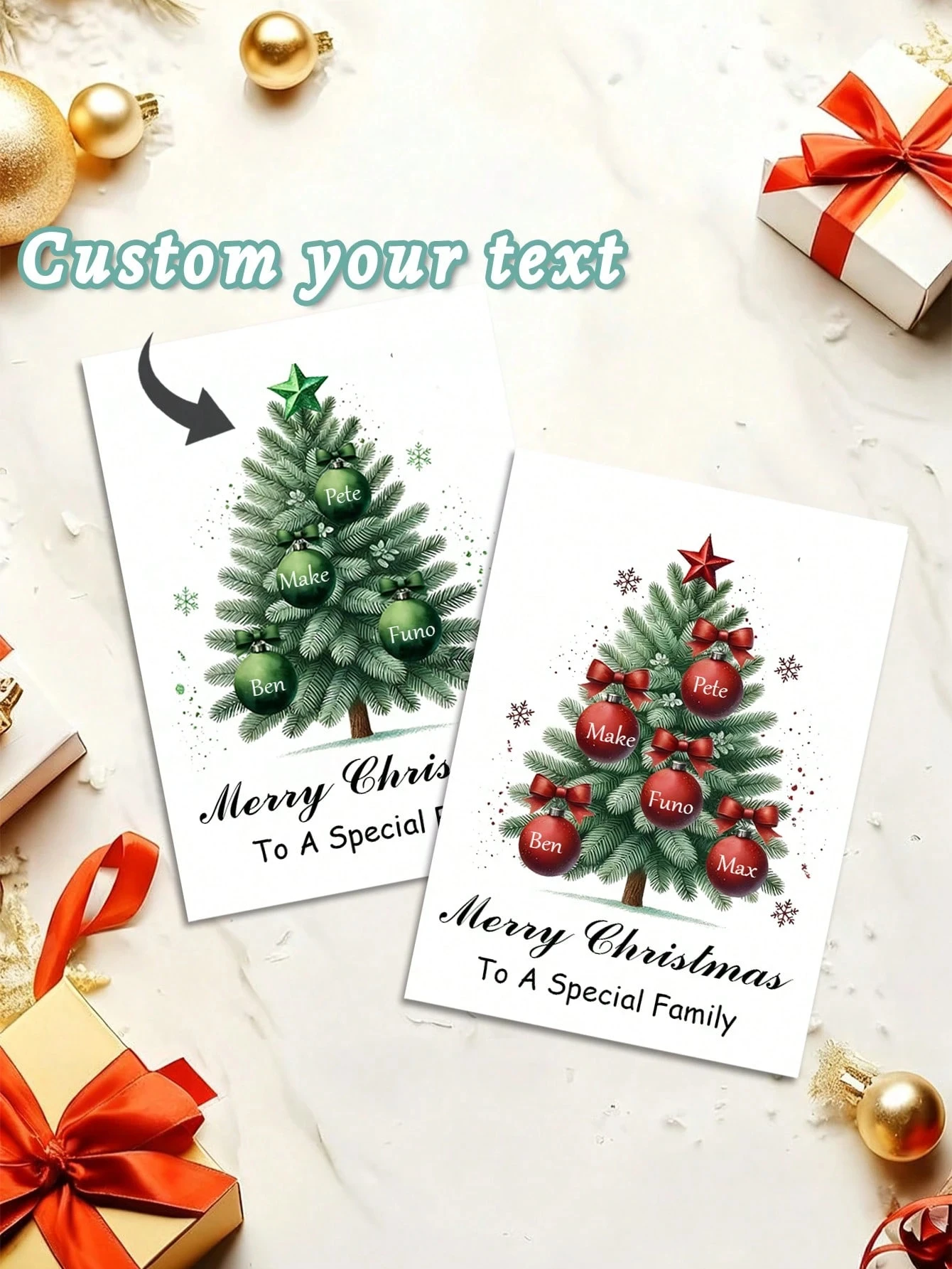 Personalisierte Frohe Weihnachtskarten, Zwerg an Weihnachtsmann, Favorit, individuelle Familiennamen, Papier für Freunde, Familie, Weihnachtsgeschenke Image
