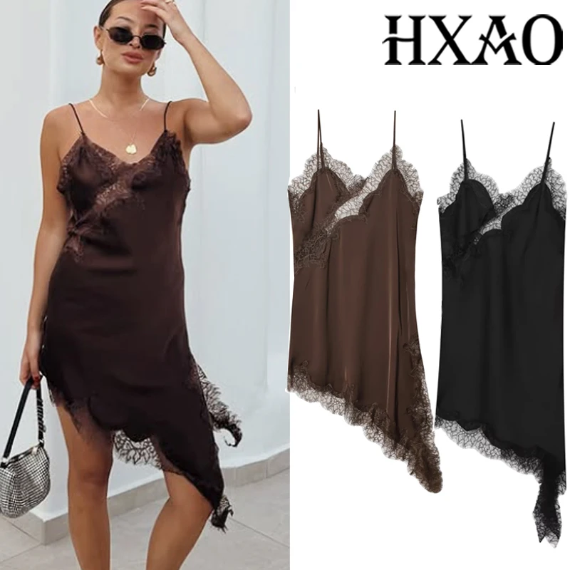 HXAO Slip Spitze Kleid Frau Asymmetrische Ärmellose Schwarz Braun Kleid frauen Kleid Sommer Backless Sexy Nacht Kleider Vestidos