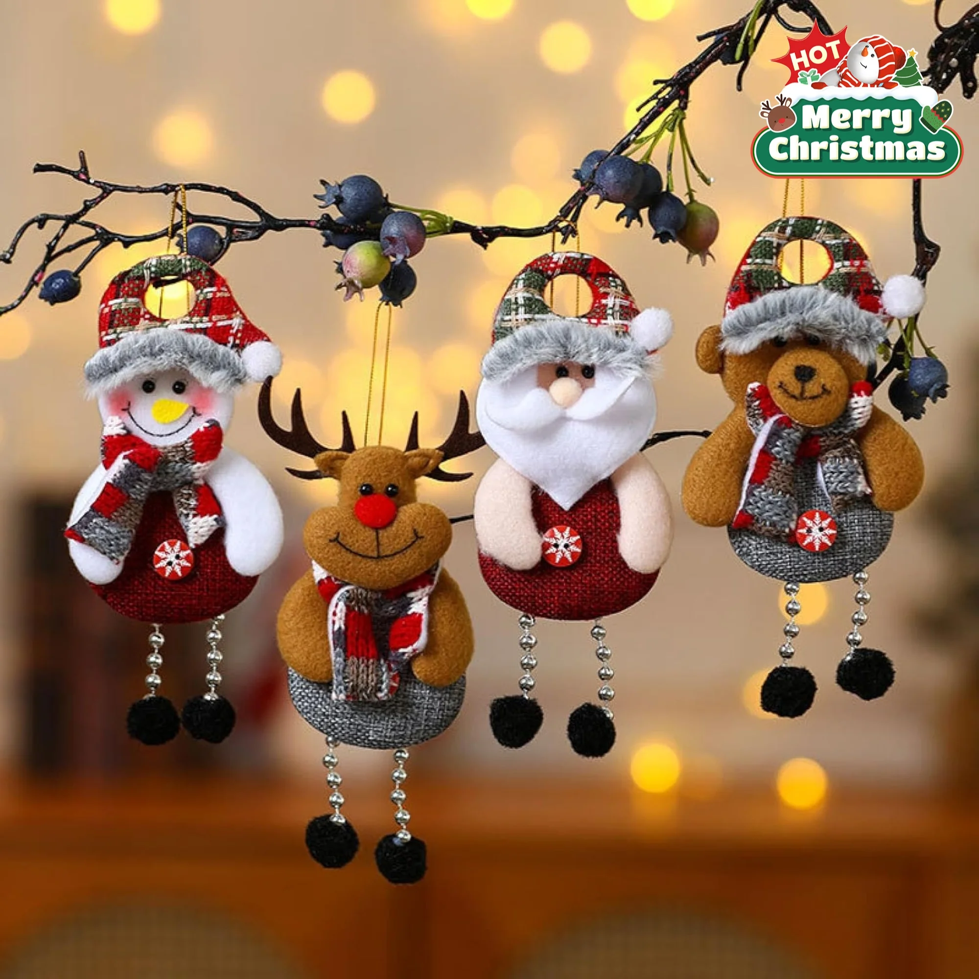 4-teiliges Set mit Cartoon-Weihnachtsbaumschmuck, Weihnachtsdekoration, Baumzubehör, hängende Geschenke aus Stoff Image