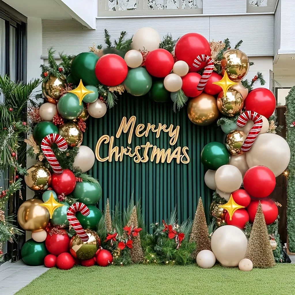 111 Stück großer rot-grüner Ballonbogen-Set, goldener Stern, Zuckerstangenballon, Weihnachten, Neujahr, Geburtstag, Party-Dekorationen Image