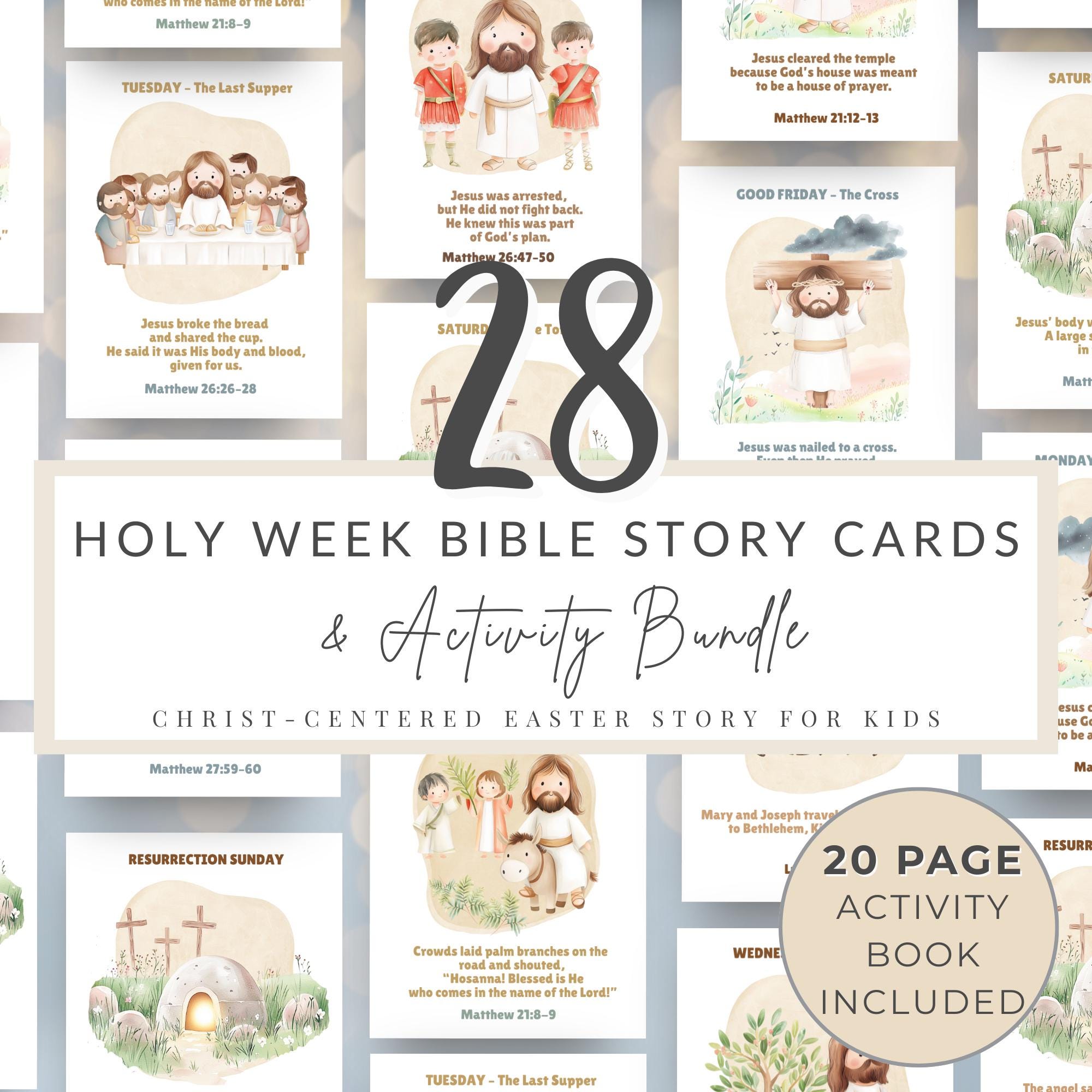 Schede con storie bibliche della Settimana Santa / Storie pasquali incentrate su Cristo per bambini / Pacchetto di attività
