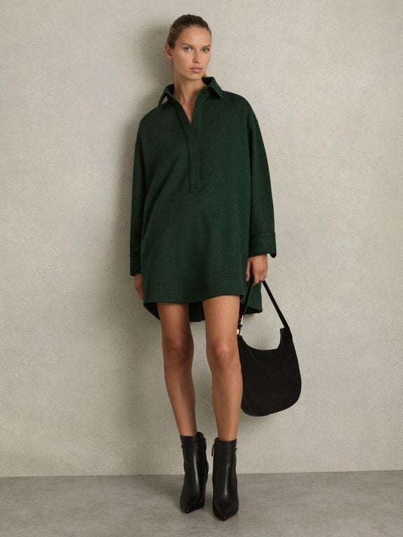 Lauren Shirt-Style Shift Dress With Wool - Green - Reiss Dresses