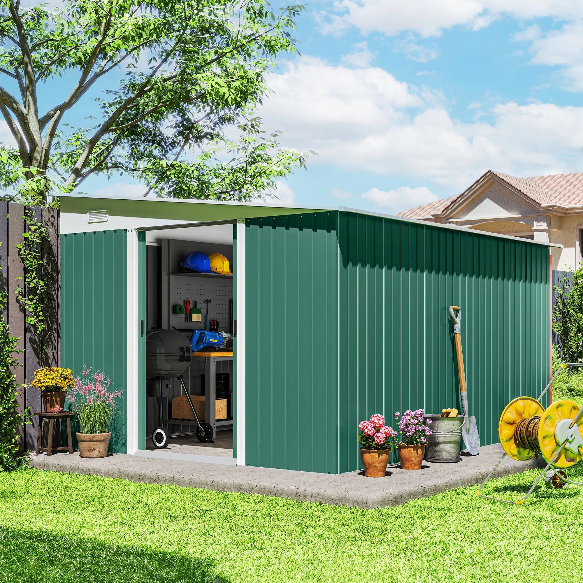 Outsunny Casetta da Giardino 8.9m² in Acciaio Zincato con 2 Prese d'Aria, Capanno Porta Attrezzi con Tetto Inclinato, Doppie Porte Scorrevoli Bloccabili e Guanti, 280x345x169/201cm