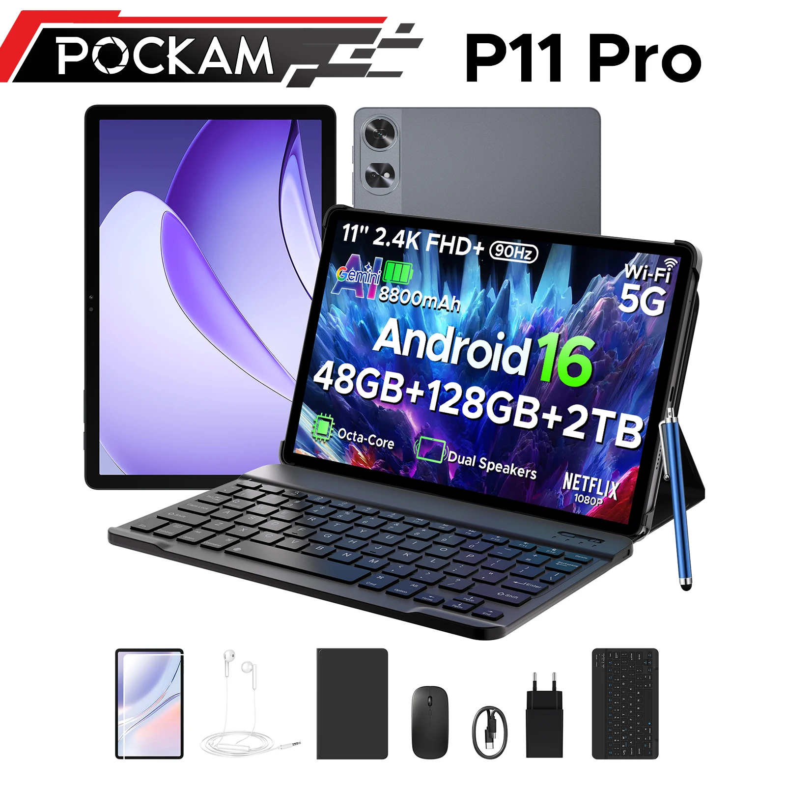 POCKAM P11 Pro Tablet PC Android 16 2 in 1 da 11 Pollici, Gemini AI, 48GB RAM (8+40GB), 128GB ROM, Batteria 8800mAh, Supporto Widevine L1