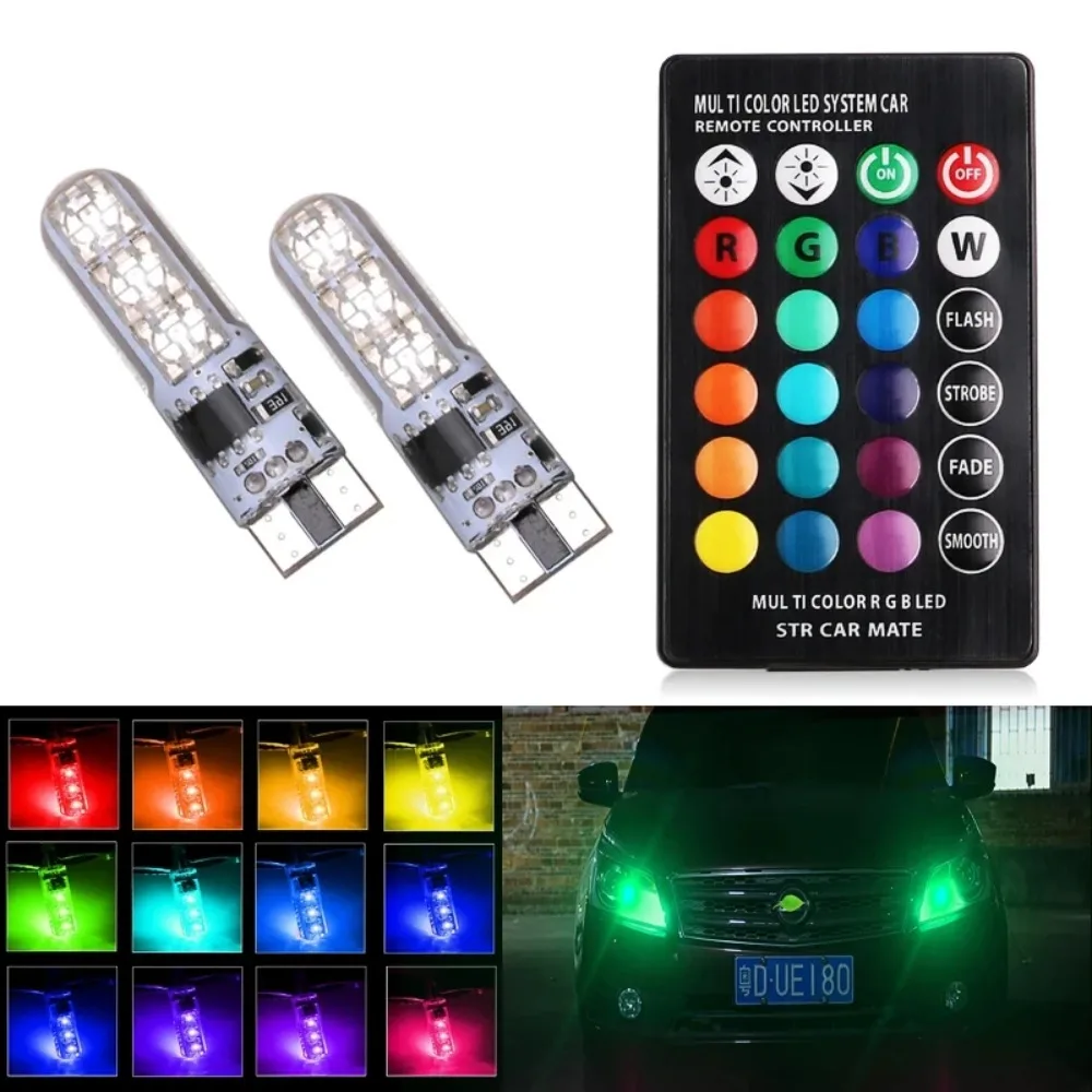 2x T10 Impermeabile W5w 501 Lampadina a Cuneo per Auto - 6SMD 5050 RGB 7 Colori LED con Telecomando (Senza Batteria) Lampada Stroboscopica a Cuneo