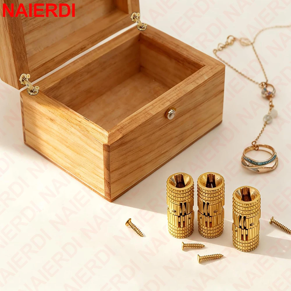 NAIERDI 4 Pezzi Cerniere a Barilotto Nascoste in Ottone da 8-14mm, Angolo di Apertura 180 Gradi, Cerniere a Scomparsa per Mobili Fai-da-te e Scatole Portagioie