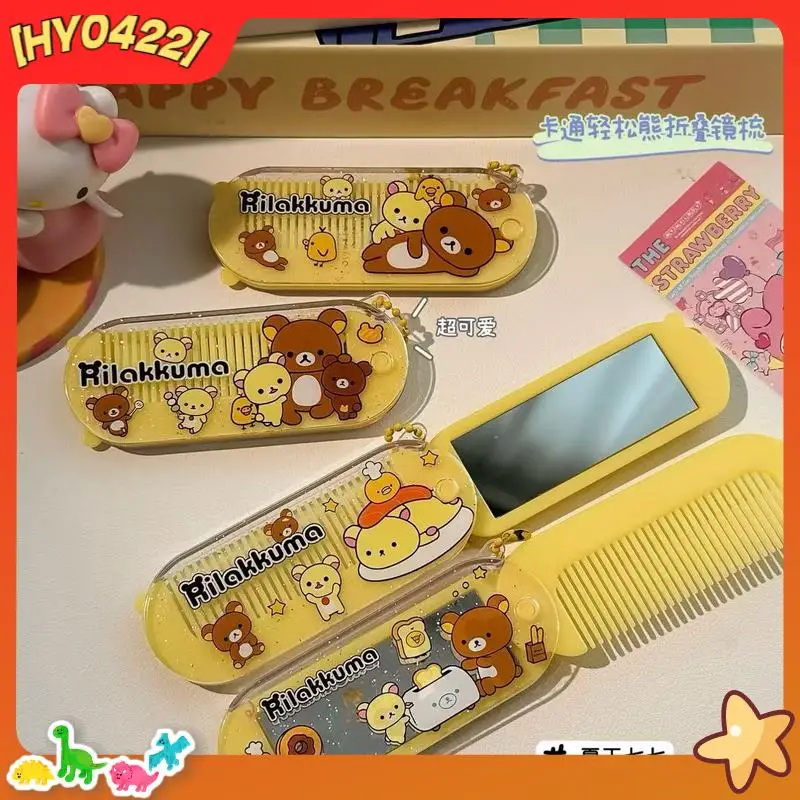 Rilakkuma Simpatico Cartone Animato 2 In 1 Pettine Pieghevole Specchio Portatile Compatto Donne Ragazze Spazzola Per Capelli Massaggio Levigante Specchio Pettine Set Per