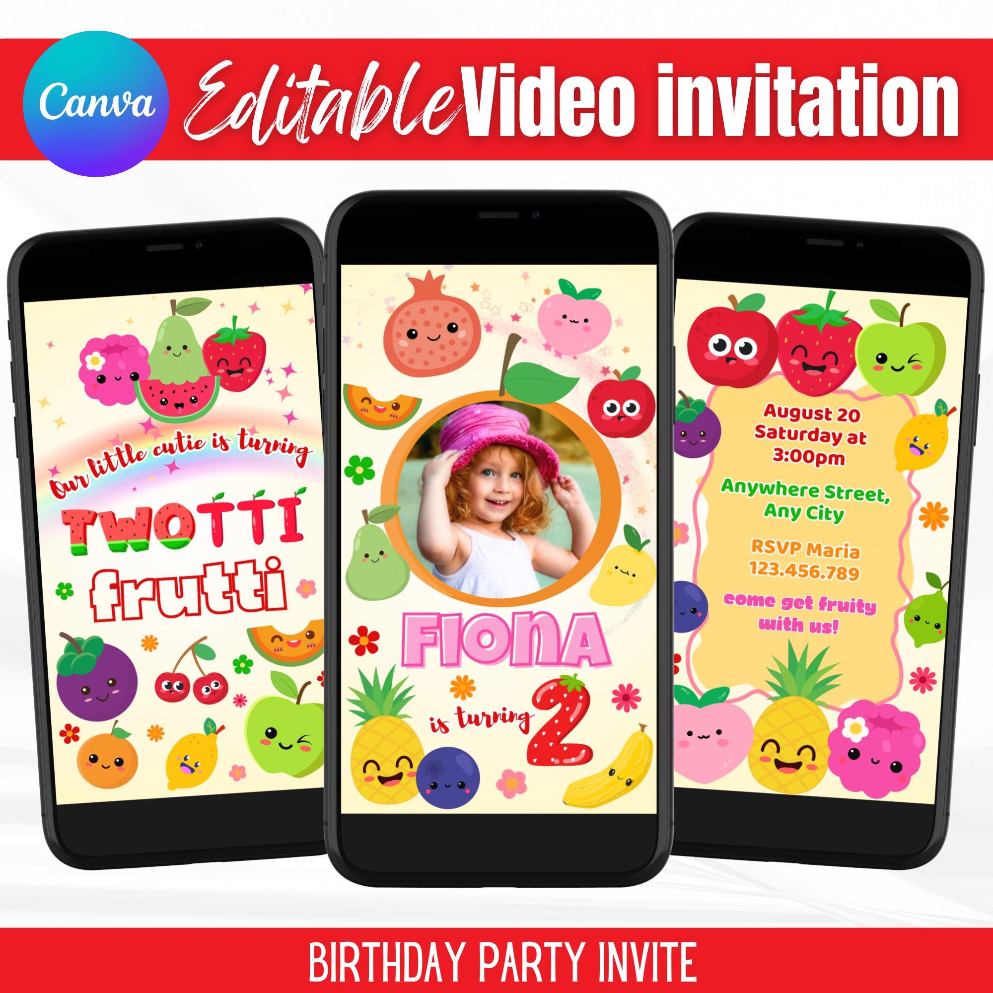 Invito video per il secondo compleanno di Twotti Frutti / Modello Canva modificabile / Invito digitale per festa a tema frutta per bambina / Download