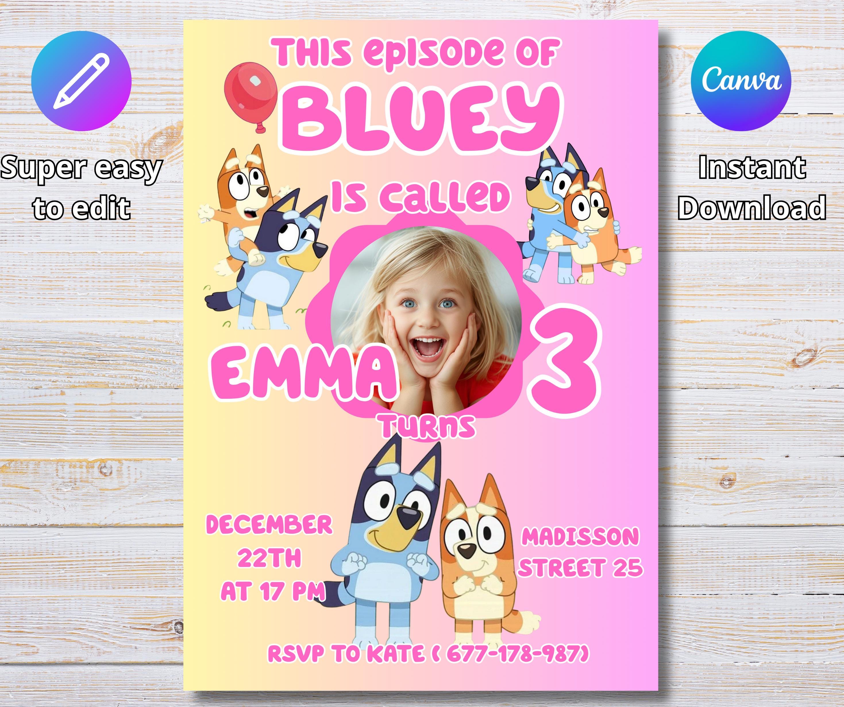 Invito di compleanno Bluey personalizzato, invito di compleanno Bluey modificabile, biglietto d'invito Bluey personalizzato per ragazze