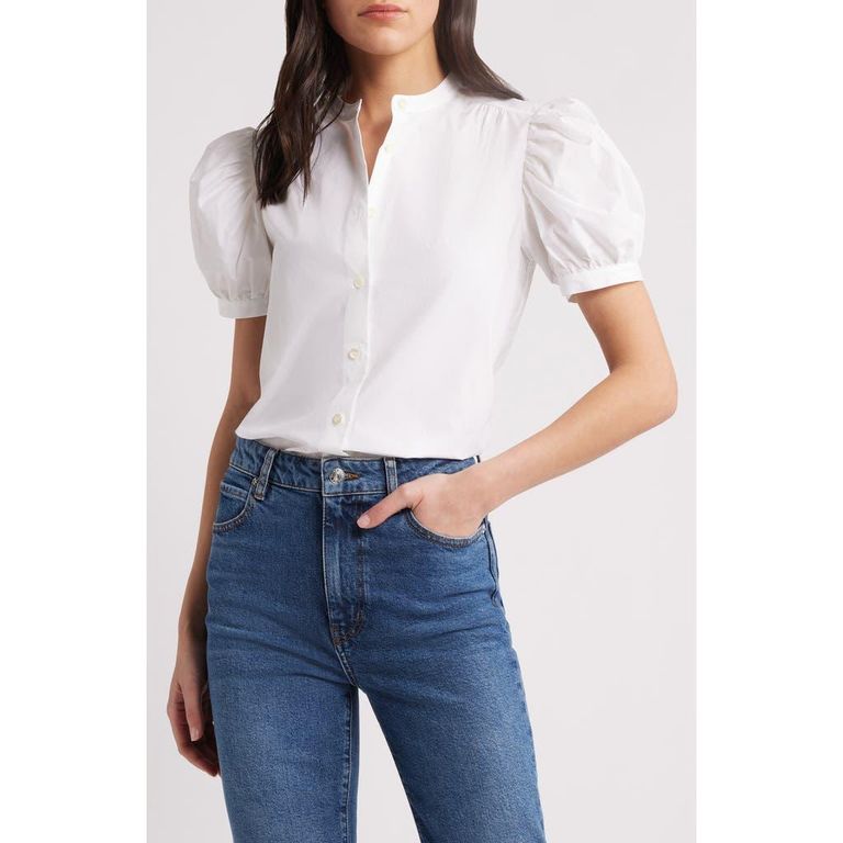 The Gathered Short Sleeve Button-Up Shirt - Blue - FRAME Tops