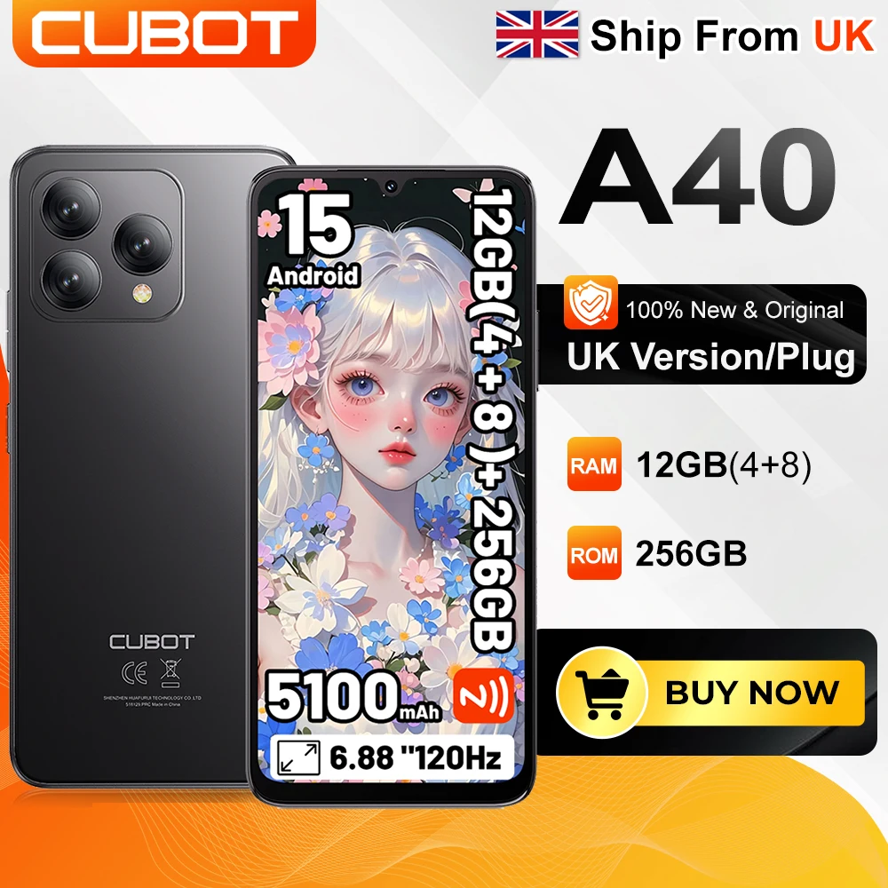 [Ship From UK] Cubot A40 Android 15 Smartphone 12GB(4+8) 256GB 6,88'' 120Hz Telephone Portable 5100mAh NFC/GPS 4GMobile Phones
