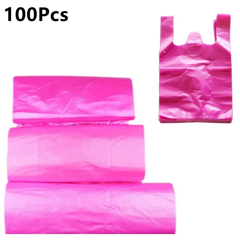 100 Stück rosa Plastiktüte verdickt mit Griff, Hochzeit, Party, Geschenk, Süßigkeitenbeutel, Supermarkt, Einkaufen, Küche, Aufbewahrung, sauberer Müllsack Image