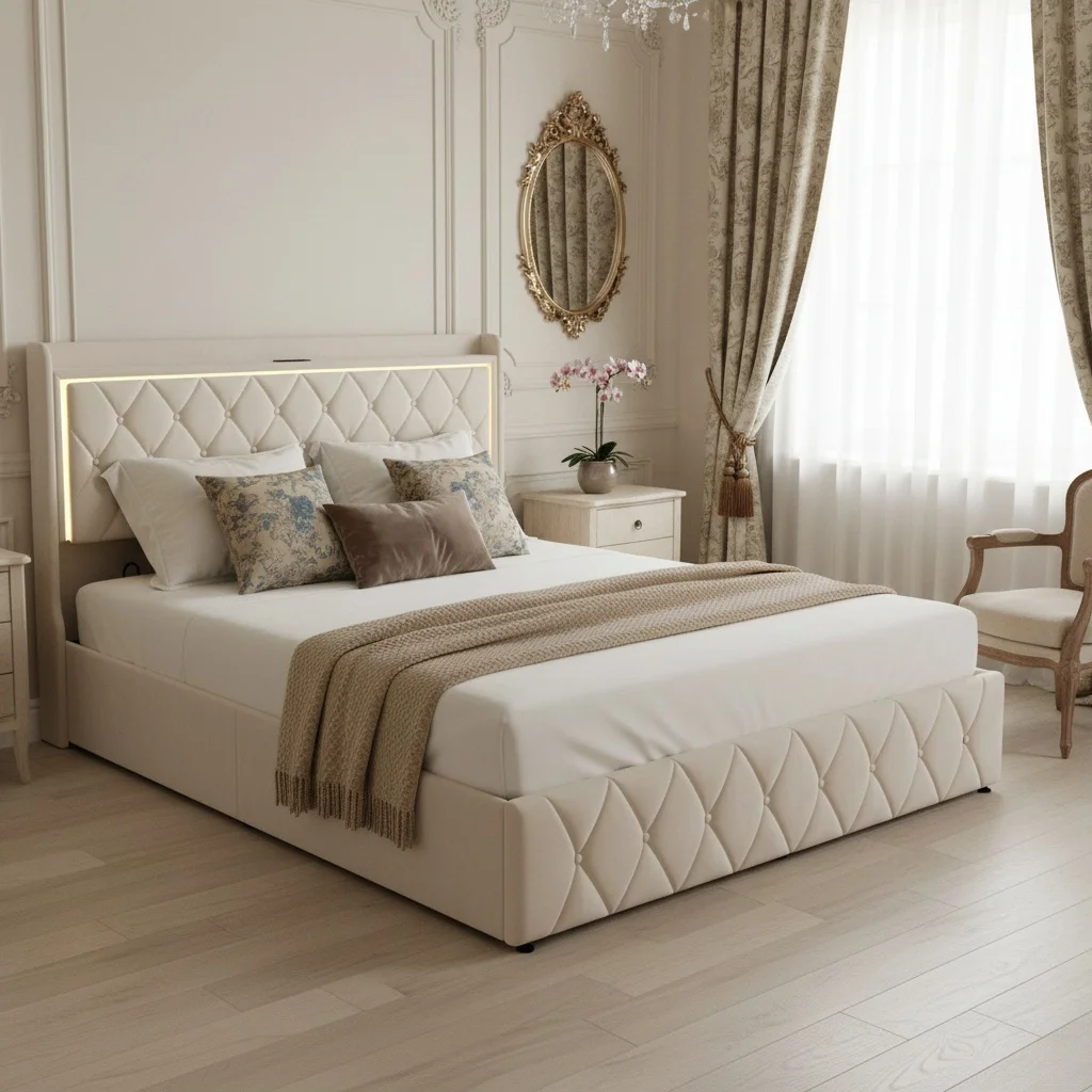 MINGZHE gepolstertes Doppelbett USB und LED, Bettrahmen mit Stauraum, hydraulischem Metallrahmen und Lattenrost aus Holz, Samt, Beige Image