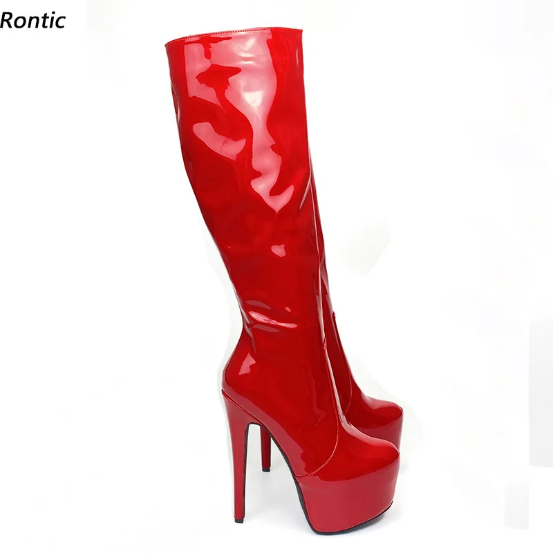 Rontic 2021 Frauen Winter Knie Stiefel Patent Leder Sexy Stiletto Heels Runde Kappe Wunderschöne Rosa Rot Nachtclub Schuhe UNS Größe 5-20