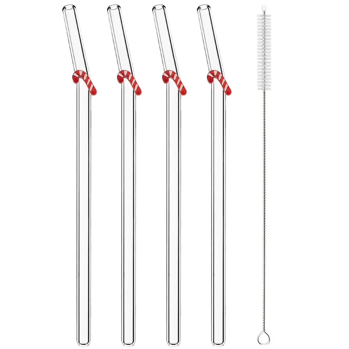 4 Stück wiederverwendbare Strohhalme im Weihnachtsdesign, Glasstrohhalme mit Reinigungsbürste für Smoothies, Milchshakes, Säfte, Bar-Zubehör-Set Image