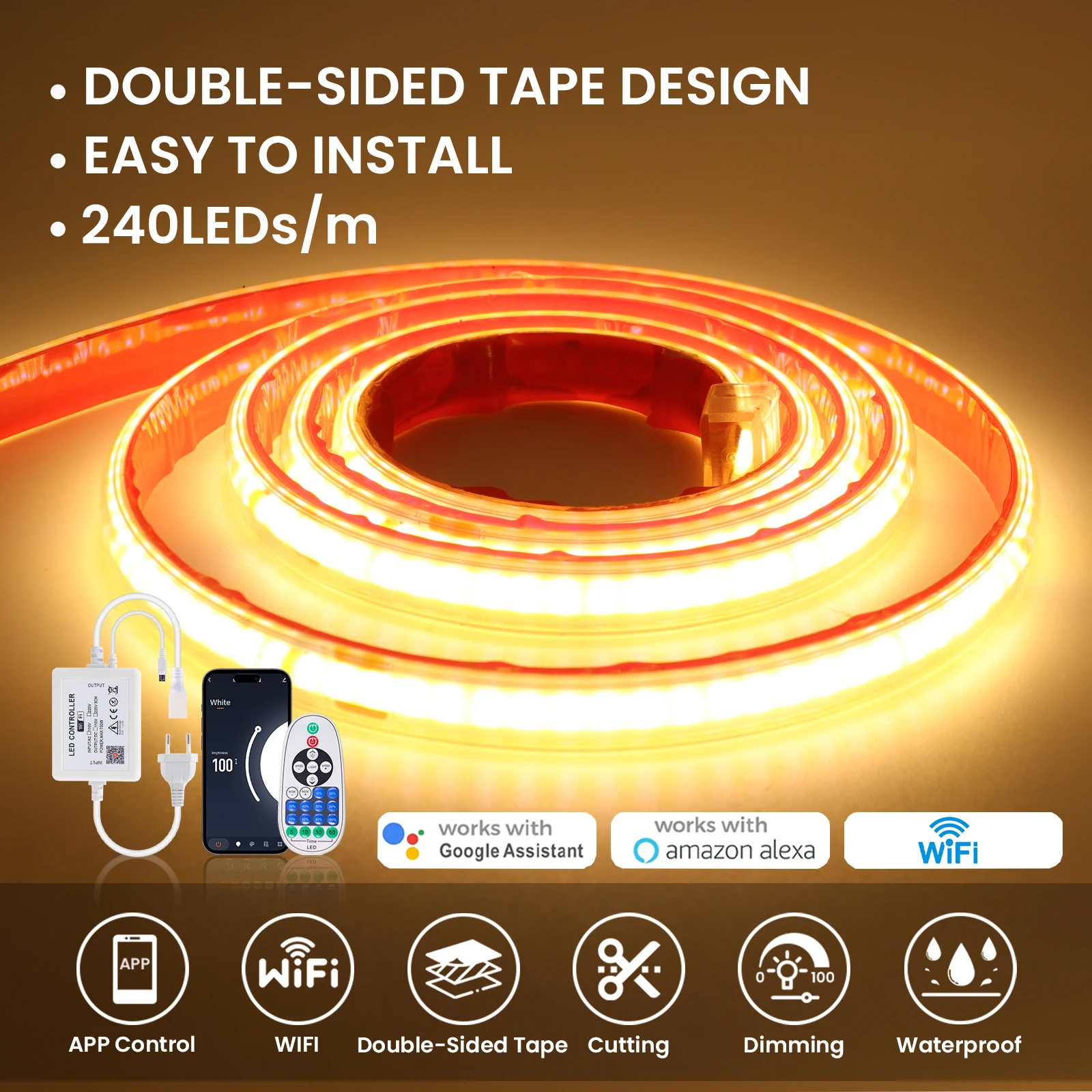 Tuya Smart WIFI 220V COB LED Streifen Licht Dimmbar 240LEDs/m Klebstoff Wasserdicht Flexible COB Licht APP Steuerung für Alexa Google