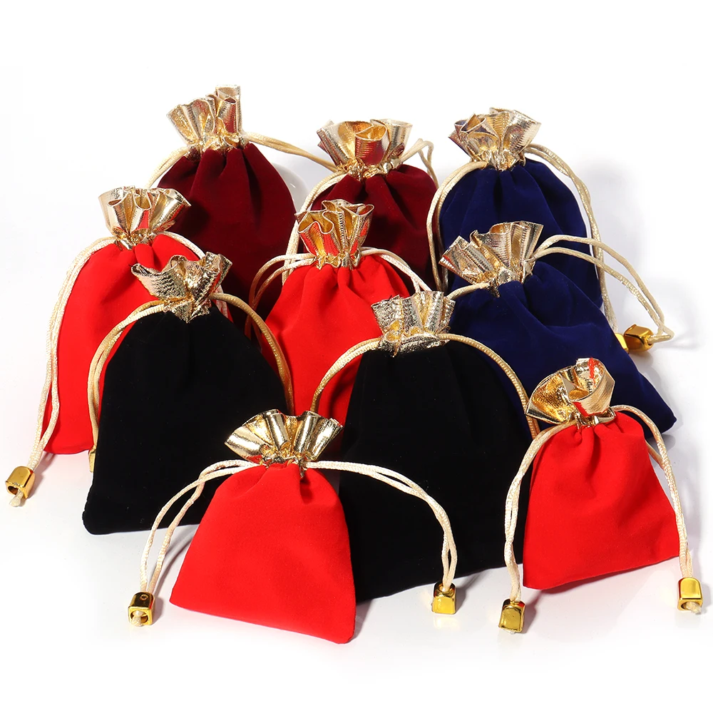 5-10 teile/los Samt Geschenke Taschen Gold Farbe Trim Kordelzug Taschen Für Hochzeit Weihnachten Party Geschenk Schmuck Display Verpackung beutel Image