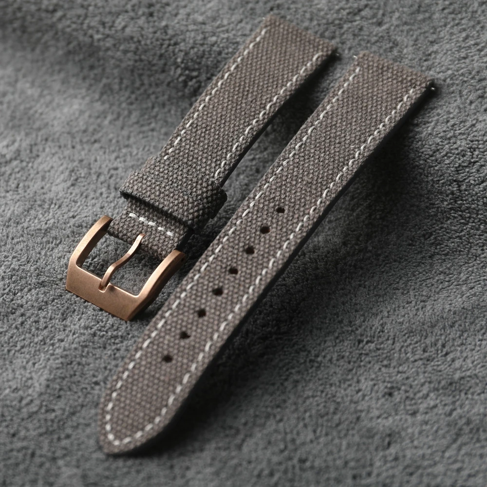 Canvas-Lederarmband, kompatibel mit Bronzeuhren, Verschluss aus reinem Kupfer, 20 21 22 mm, weiches, schwarz-grün-graues Armband, schnell