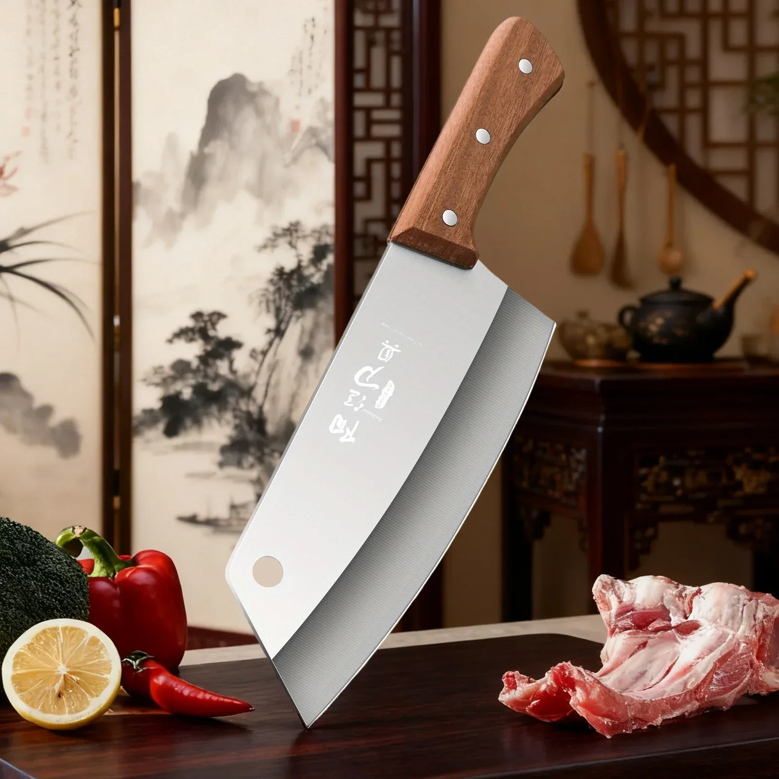 Professionelles Kochmesser- und Hackmesser-Set – Küchenmesser aus Edelstahl mit Holzgriff zum Kochen, Camping, Grillen, Geschenk Image