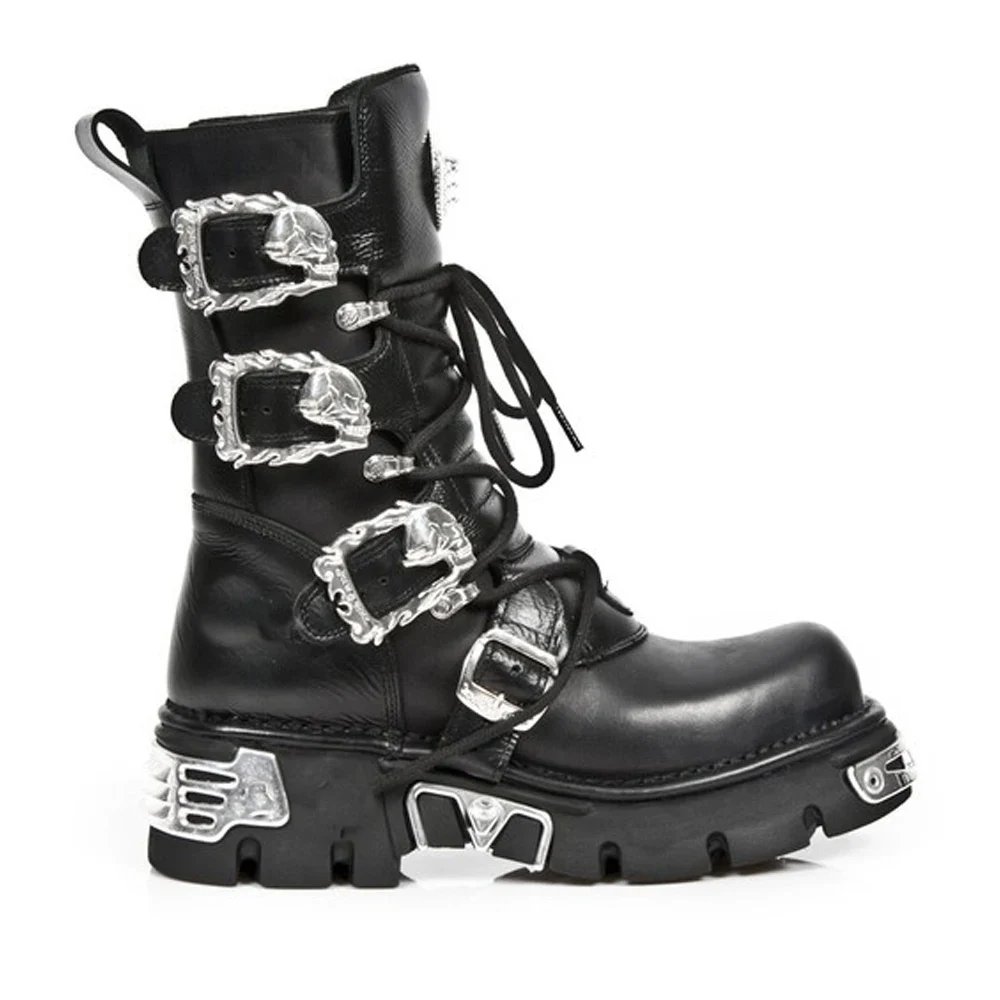 Neue männer Punk Motorrad Stiefel Metall Starke Ferse Goth Schädel Schnalle Mid-Kalb Kampf Stiefel Zipper Runde Kappe frauen Western Stiefel
