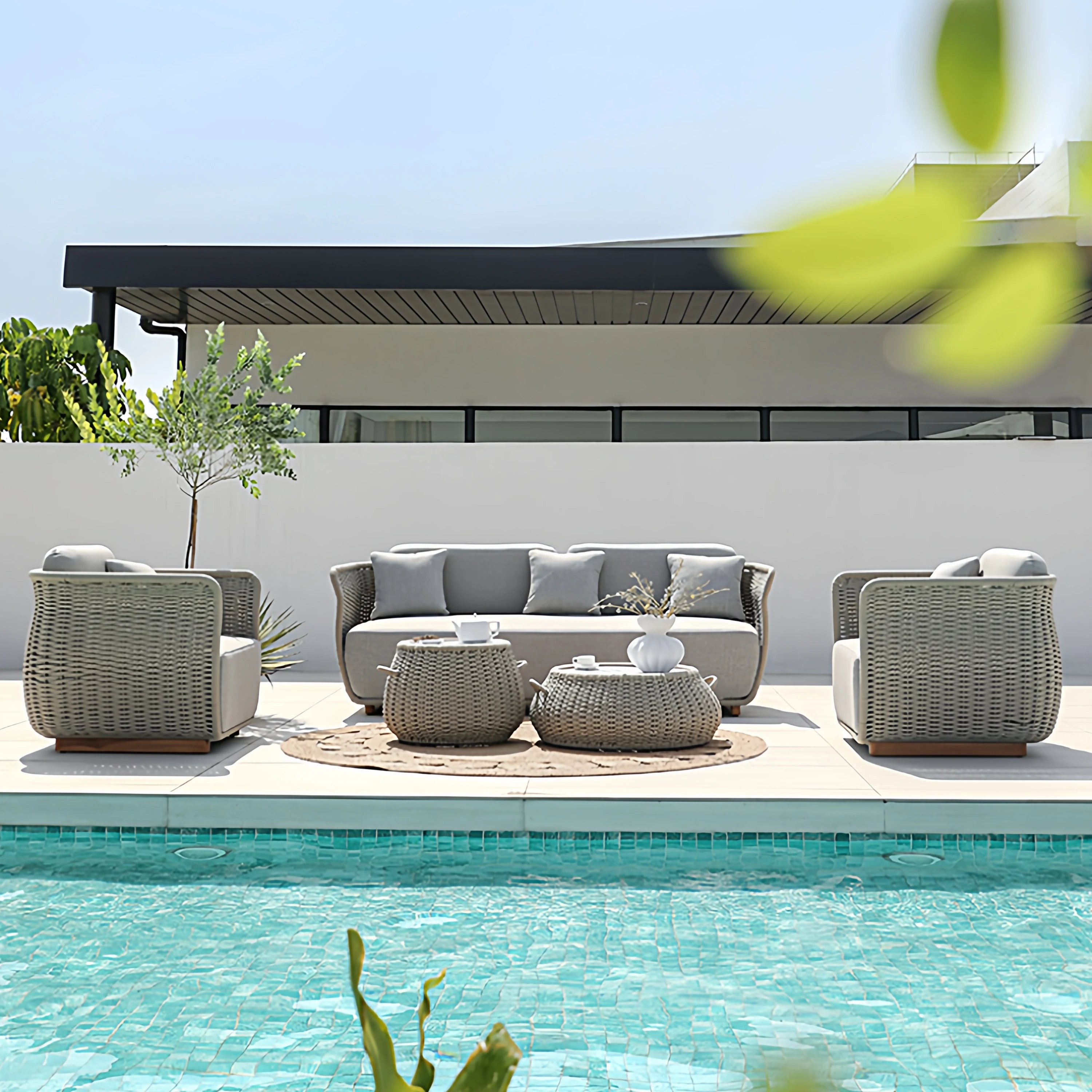 Rattan-Holz Gartenmöbel-Sets Strand-Stoff Gartenmöbel-Sets Runde Hinterhof-Muebles De Patio Exterior Terrassenmöbel Image