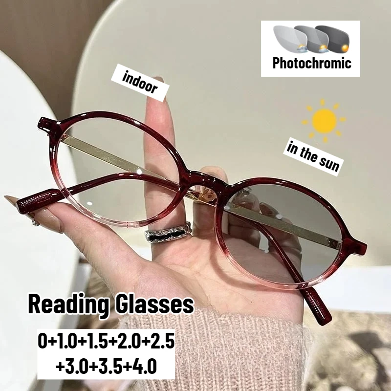 Unisex Retro Photochrome Anti-blau Licht Lesebrille Modische Oval Rahmen High-definition Lesen Presbyopie Brille + 4,0 Image