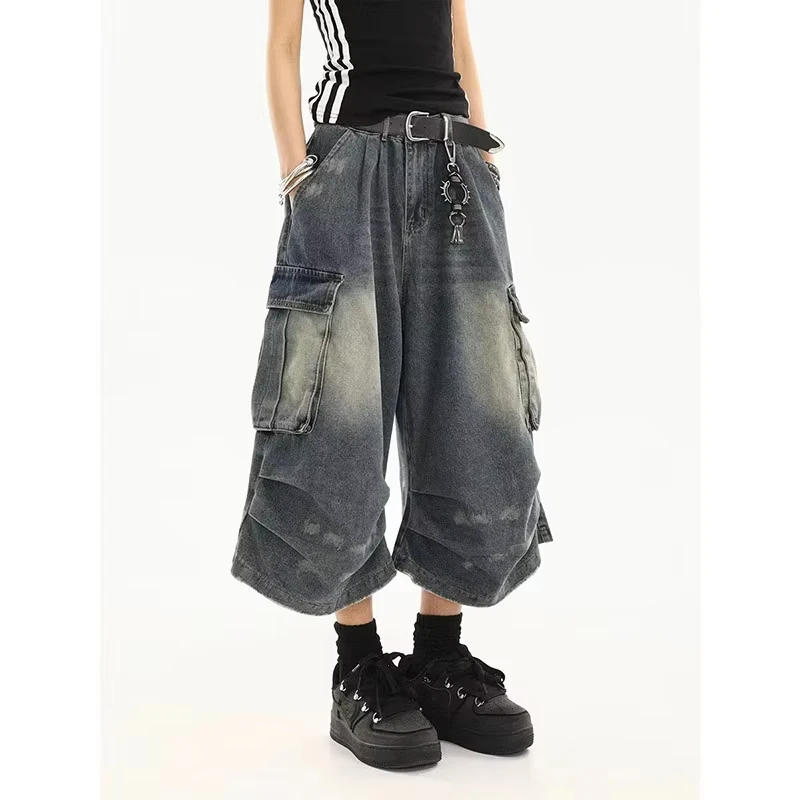 Amerikanischer Stil für Damen, Vintage-Stil, gewaschene Arbeitskleidung, Denim-Shorts mit mehreren Taschen, plissiertes Design, lockere, drapierte Hose mit sieben Fuß Image