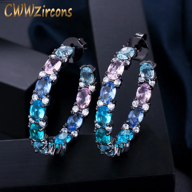 CWWZircons Großen Kreis Runde Schwarz Gold Multi Farbe Blau Zirkonia Kristall Frauen Hoop Ohrringe Luxus CZ Schmuck Geschenk CZ580