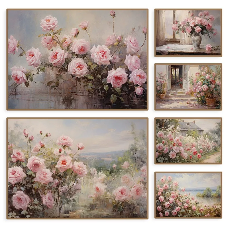 Vintage Ölgemalte Rose Garten Landschaft Poster PinkRose Blume Leinwand Malerei Floral Cottage Wand Kunst Wohnzimmer Home Decor Image